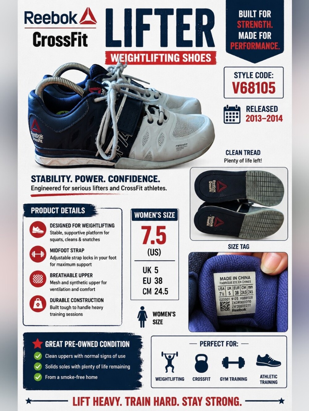 Reebok CrossFit Lifter Shoes Women's 7.5 Blue White Weightlifting Training Sneak